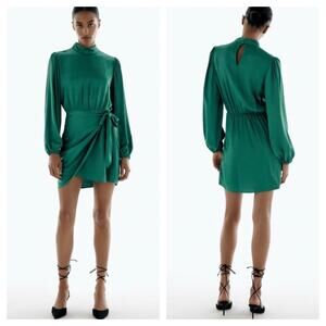 Zara Green Satin Mock Neck Faux Wrap Mini Dress Small Long Sleeve 1165/259